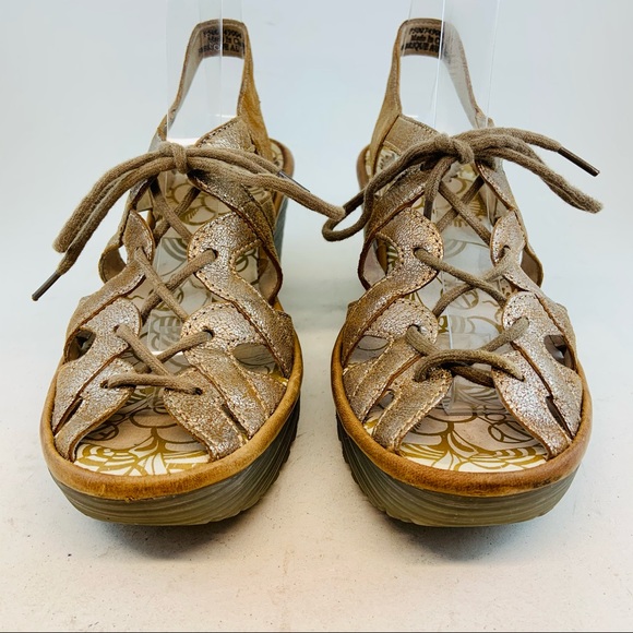 FLY London Yapi Metallic Ghillie Wedge Sandals 37 - Picture 2 of 12